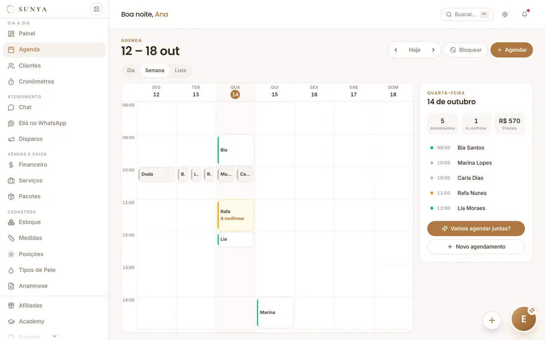 Agenda da Sunya no computador, com a semana do estúdio e os horários de hoje