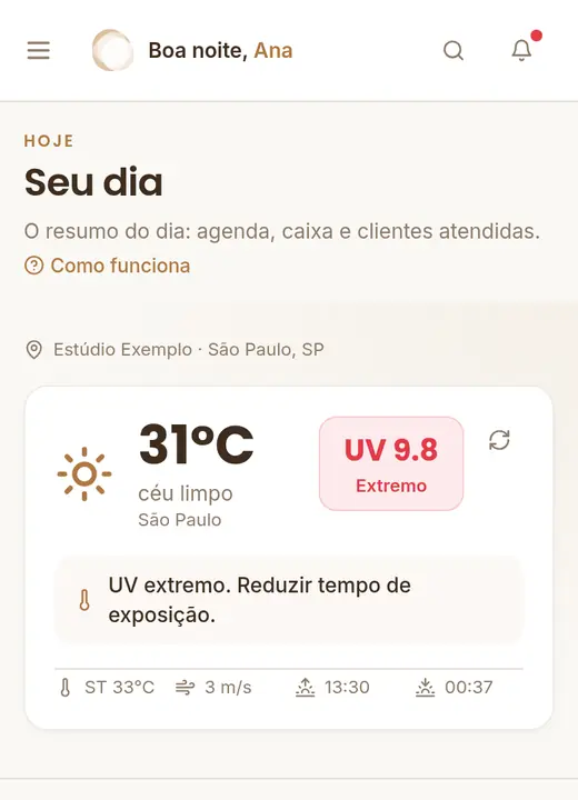 Tela inicial da Sunya com a temperatura e o índice UV do dia