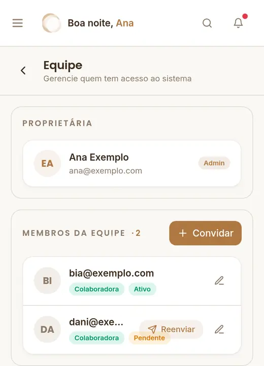 Equipe da Sunya com a proprietária, as colaboradoras e os perfis de acesso