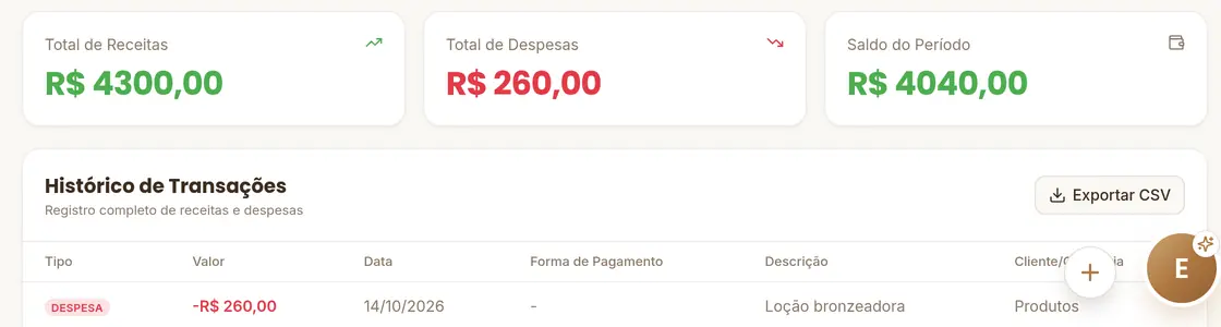 Histórico financeiro da Sunya com o botão de exportar