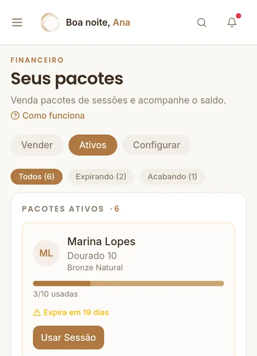 Pacotes da Sunya com as sessões usadas e a validade de cada cliente