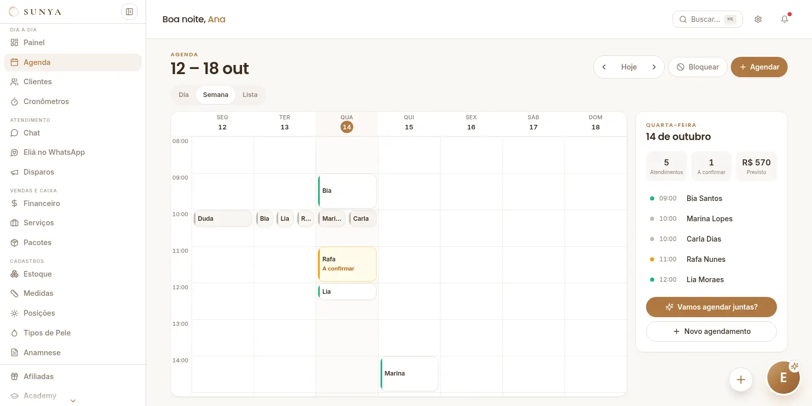 Agenda da Sunya com a semana do estúdio e os horários de hoje
