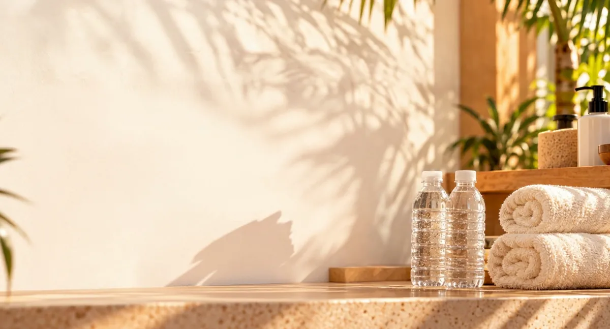 Bancada do estúdio de bronze com toalhas e água, na luz da tarde