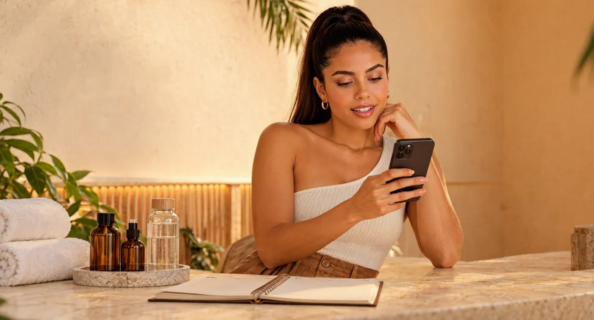 Bronzista olhando a agenda no celular, sentada no estúdio